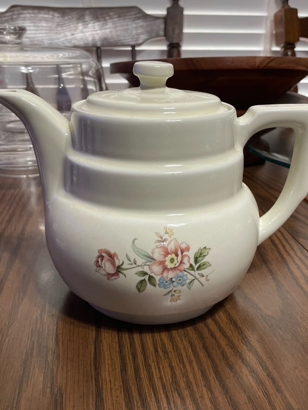 Vintage White Ceramic Teapot with Pink and Blue Floral Pattern